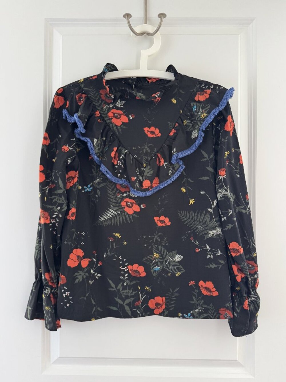 Black Floral Ruffle Blouse – Blue Trim – One Size – NWOT
